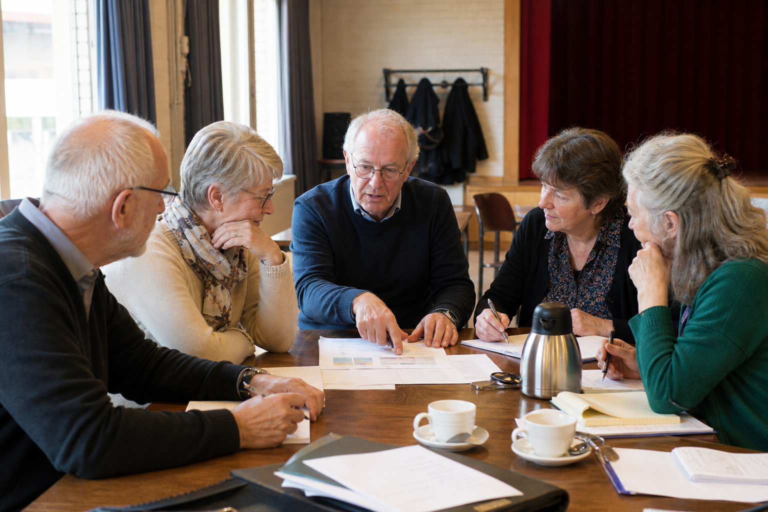 Een vrijwilligersgroep bespreekt papieren en een agenda aan een houten tafel