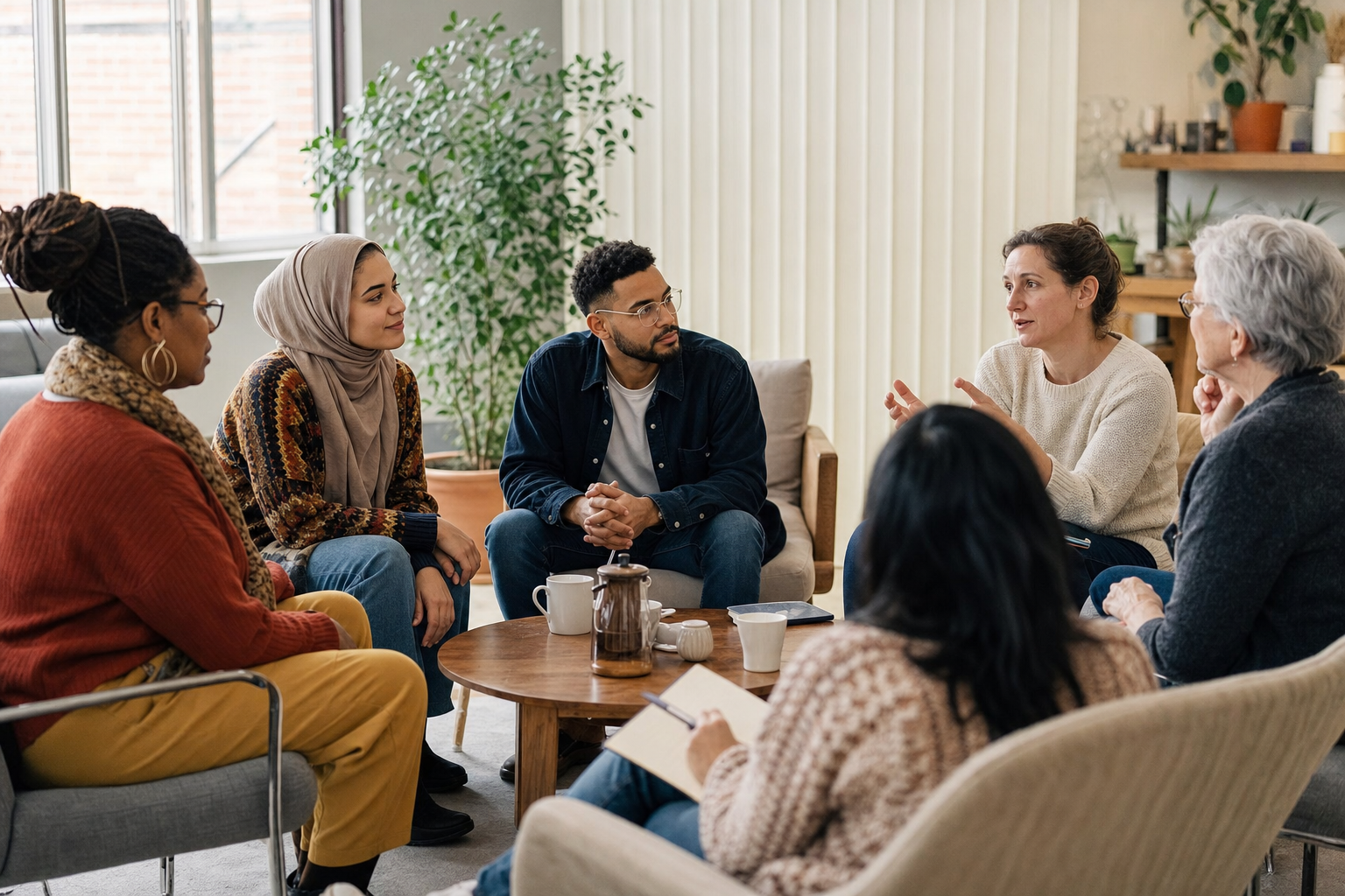 Een diverse groep volwassenen luistert naar elkaar in een lichte gemeenschapsruimte