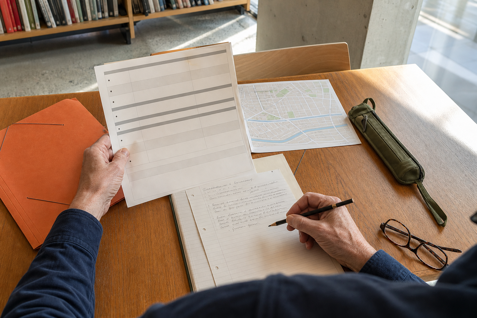 Iemand vergelijkt aantekeningen met een kaart en openbare stukken in een bibliotheek