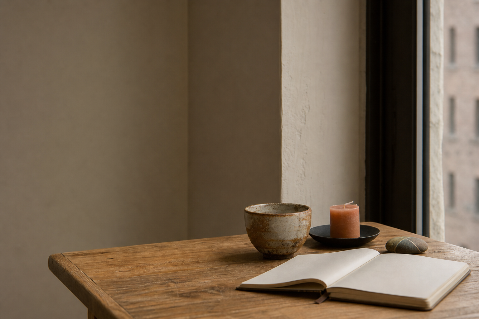 Keramieken kop, notitieboek en kaars op een houten tafel bij het raam
